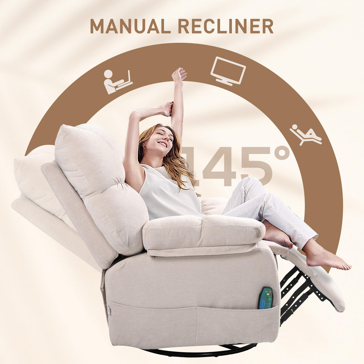 RELAXSESSEL mit Massagefunktion, Elektrisch Fernsehsessel mit Wärmfunktion - Beige/Schwarz, Textil/Metall (90/98/98cm) - HOMCOM