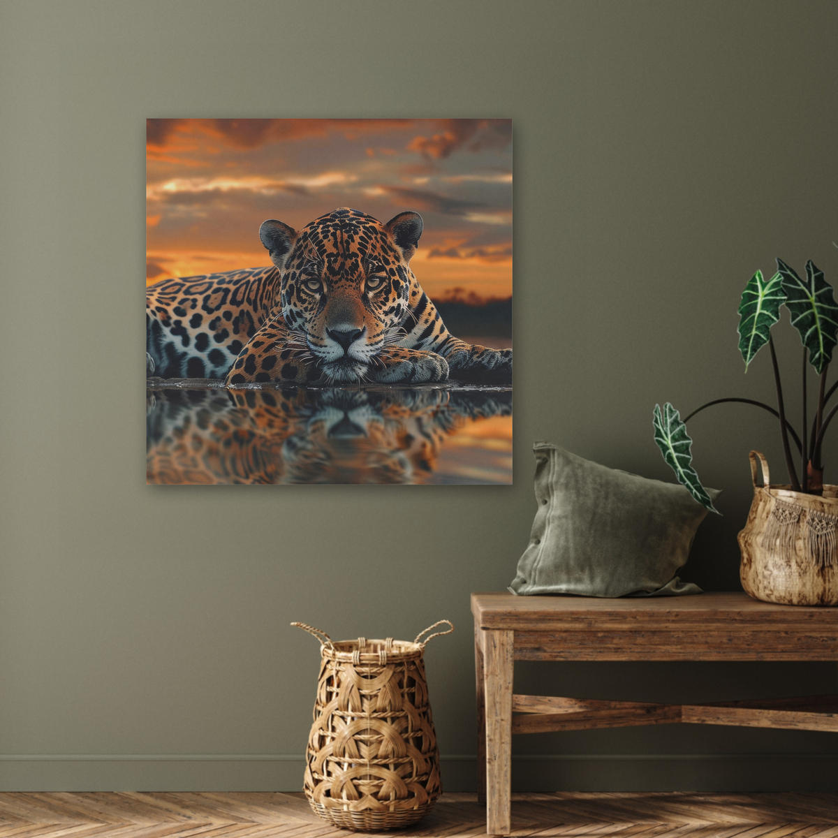 AKUSTIKBILD Natur - Leopard - Tier - Sonnenuntergang - Modern Akustikpaneele 80x80 cm - Orange, Kunststoff (80/80/0.9cm) - MuchoWow