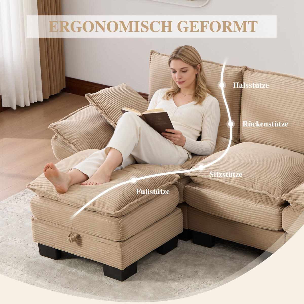 3-SITZER SOFA Cord Khaki mit Hocker, USB-C und Seitentaschen - Hellbraun, Holzwerkstoff/Kunststoff (260/132cm) - WISHDOR