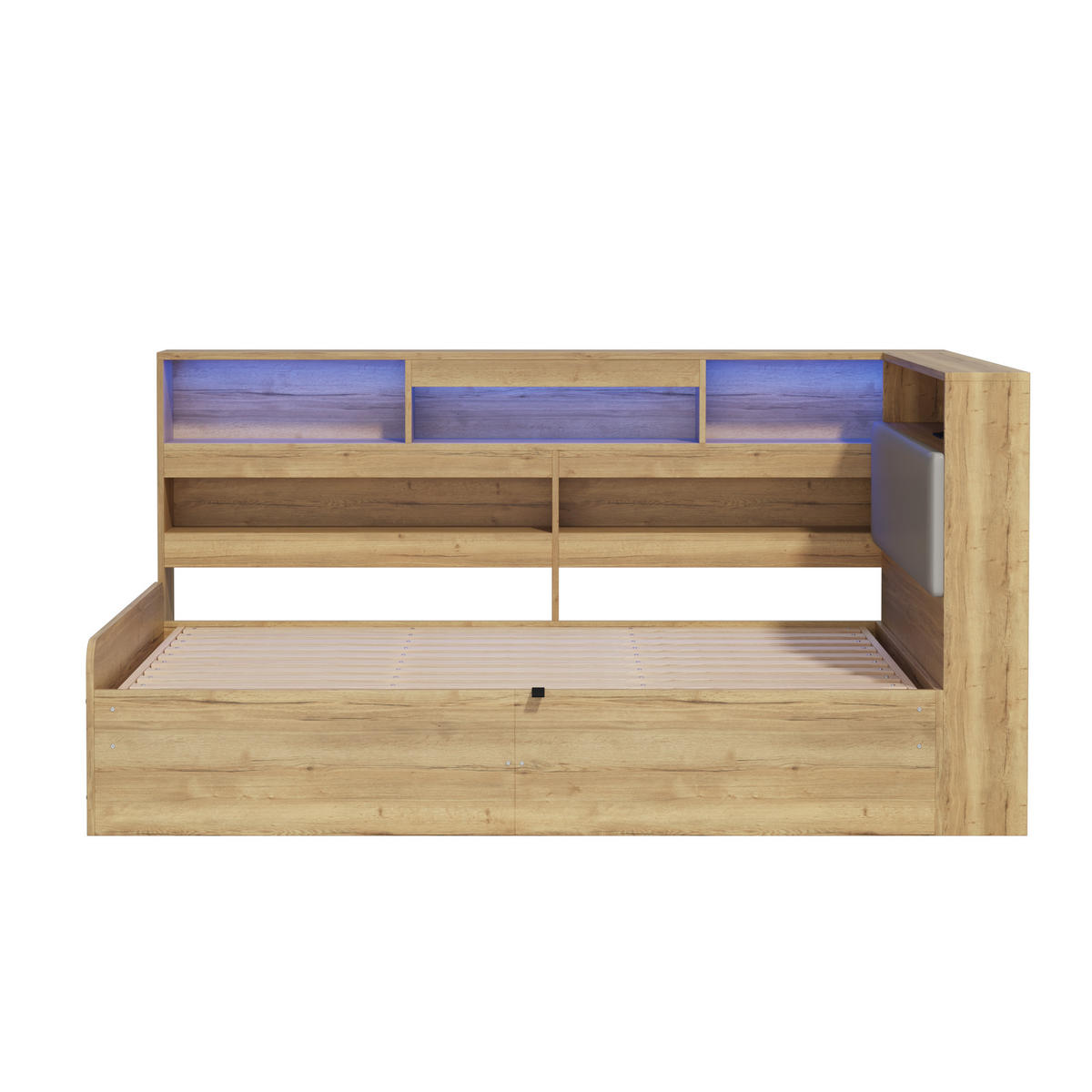 DAYBETT Natur 90x200 LED USB Hydraulik Stauraum Holz - Naturfarben, Holzwerkstoff (90/200cm) - FLIEKS