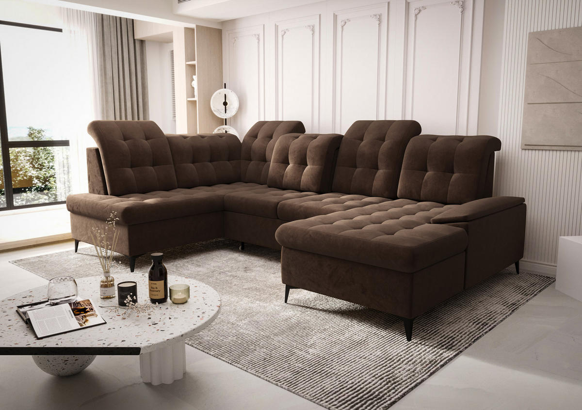 WOHNLANDSCHAFT KONGO RBN17, Eckcouch in U-Form mit Schlaffunktion, Farbe: Dunkelbraun, Velourstoff, Ottomane Rechts - Dunkelbraun, Textil (343/107/210cm) - O-Sofa