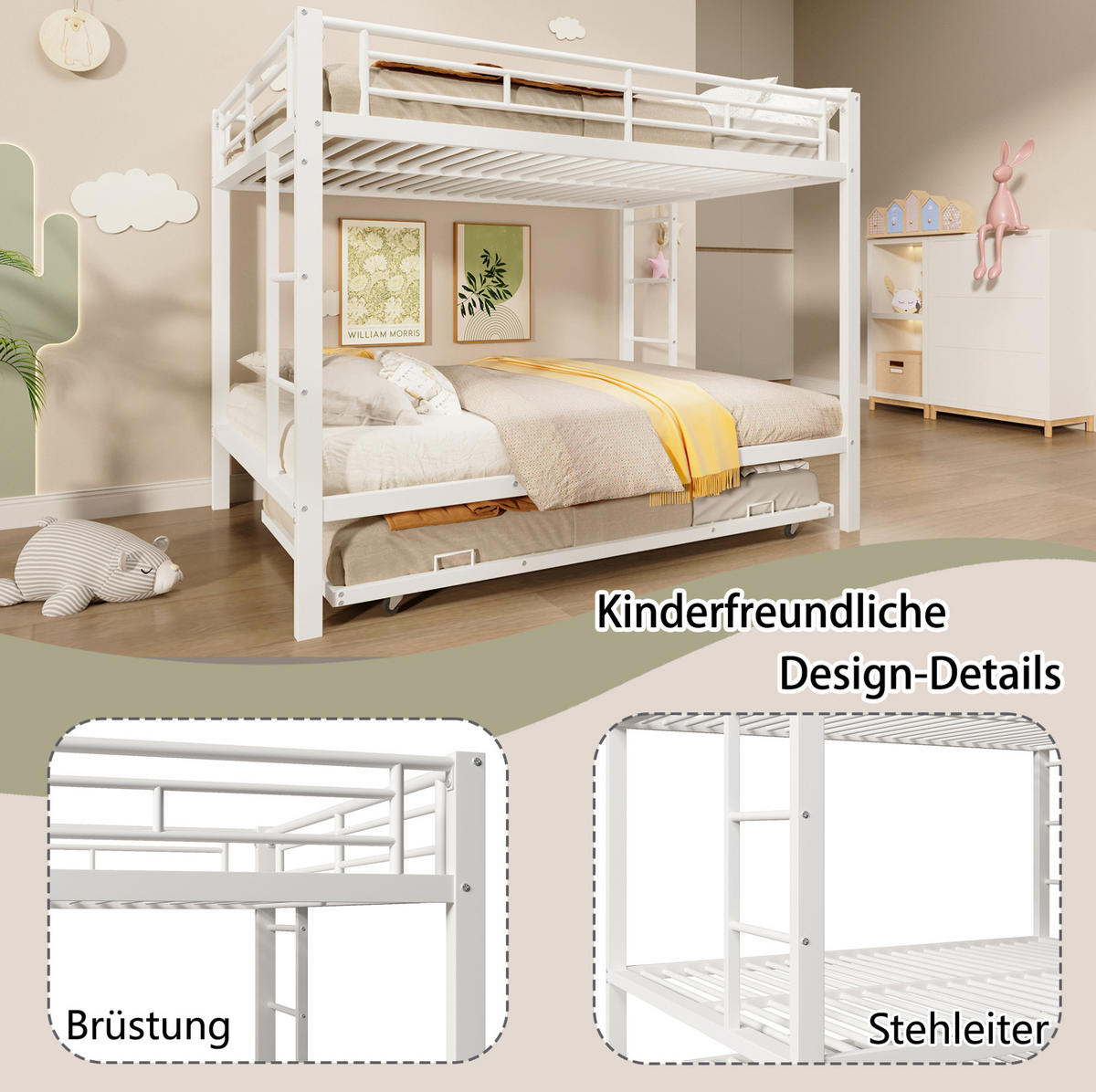 ETAGENBETT 140x200 cm in Weiß mit Ausziehbett und hohen Geländern - Weiß, Metall (140/200cm) - IVMEU