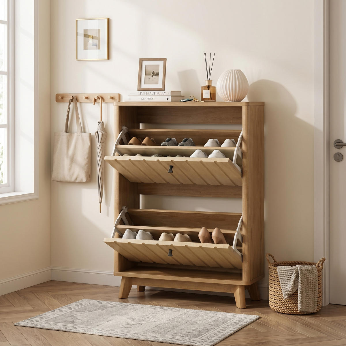 BOTNÍK v barvě dubu s výklopnou přihrádkou a dvířky, styl Mid-Century - barva dubu, kompozitní dřevo (60/94/24cm) - Urban Meuble