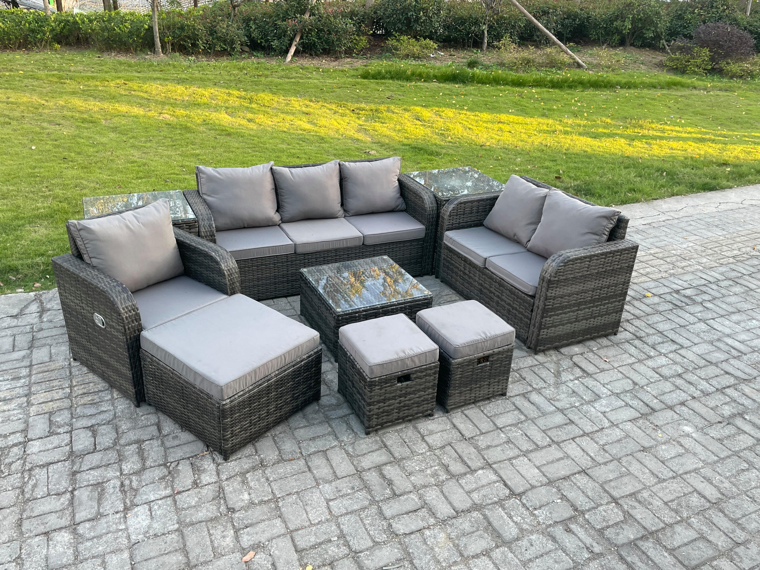 GARTENTISCHGRUPPE Polyrattan Dunkelgrau 9-teilige - Dunkelgrau/Grau, Glas/Kunststoff - Fimous