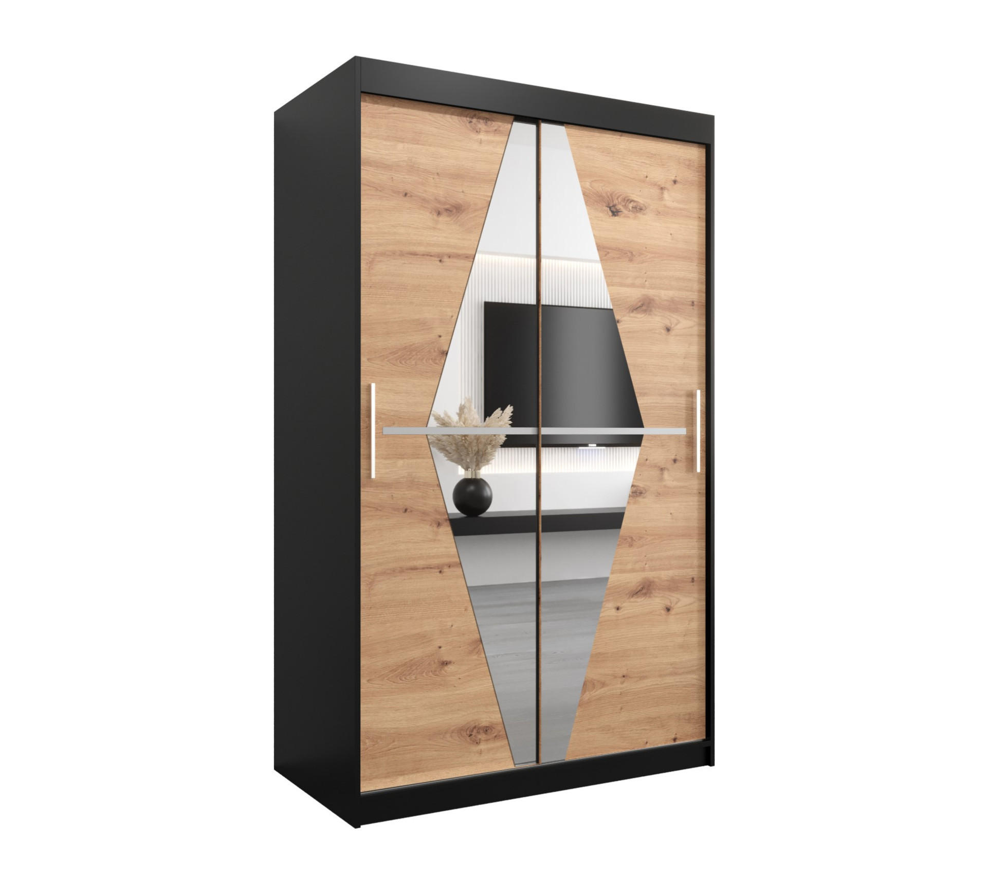 Abiks Möbel Schwebetürenschrank Schwarz, Eiche Artisan 120x200x62 cm