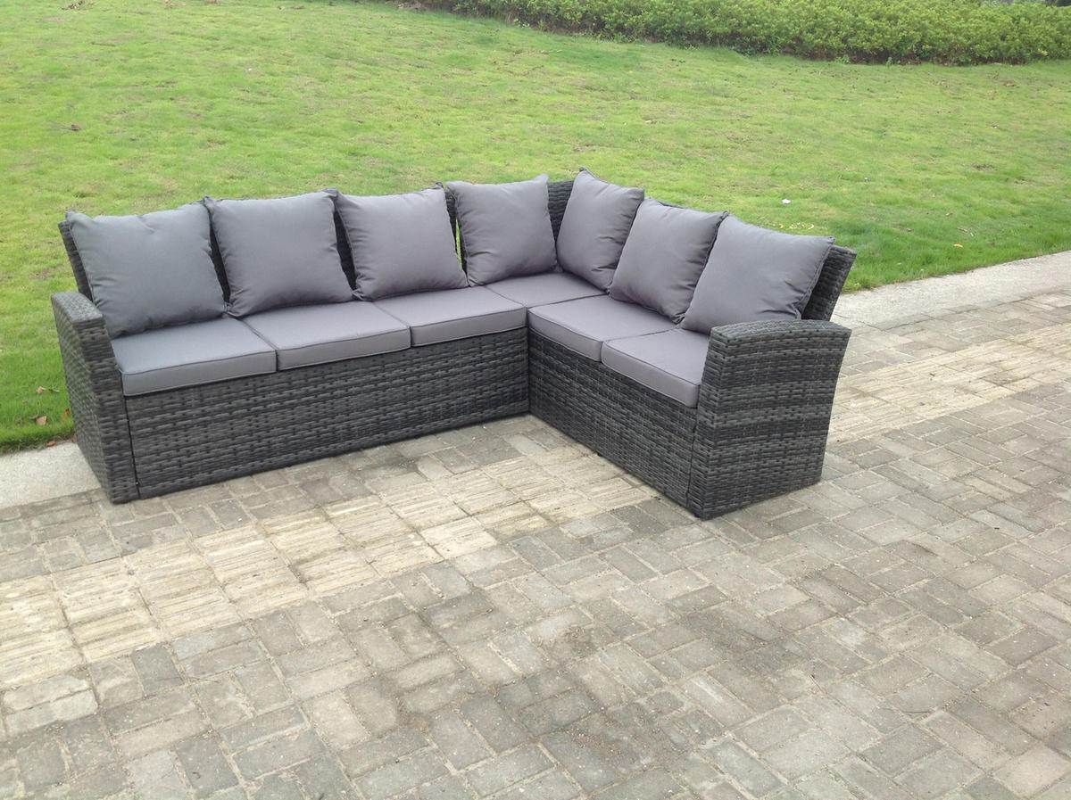 GARTENMÖBEL SET PE Polyrattan 6-Sitzer - Dunkelgrau/Grau, Glas/Kunststoff - Fimous