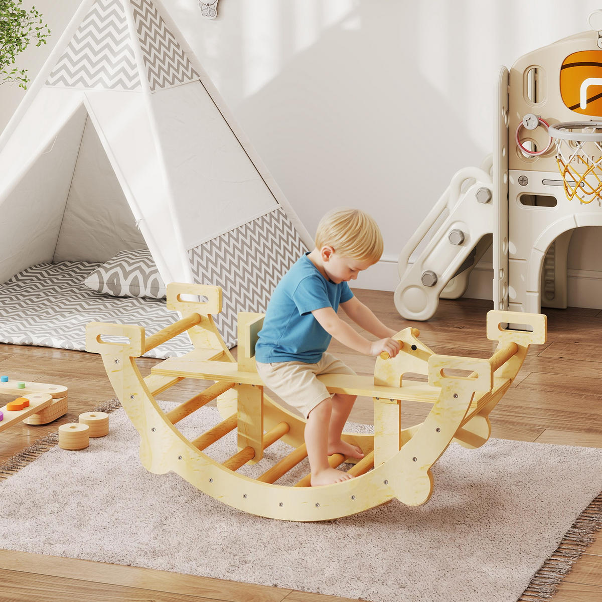 MONTESSORI-KLETTERGERÜST Indoor 2 in 1 aus Holz - Naturfarben, Holz (52/45/110cm) - AIYAPLAY