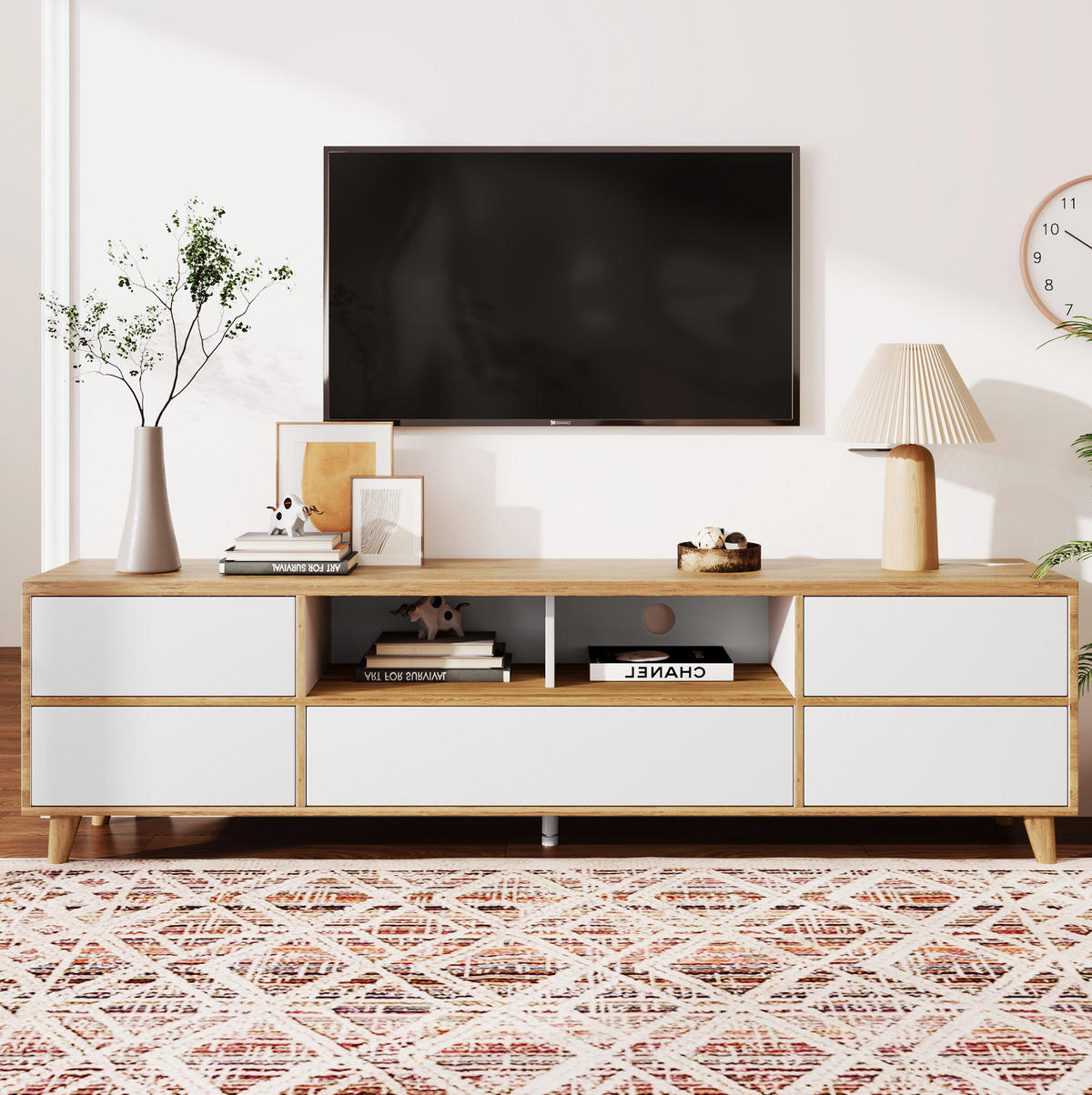 LOWBOARD 175/37/51 cm aus MDF mit 4 Türen und Holzfüßen Weiß - Naturfarben, Holzwerkstoff (175/51/37cm) - Modenvie