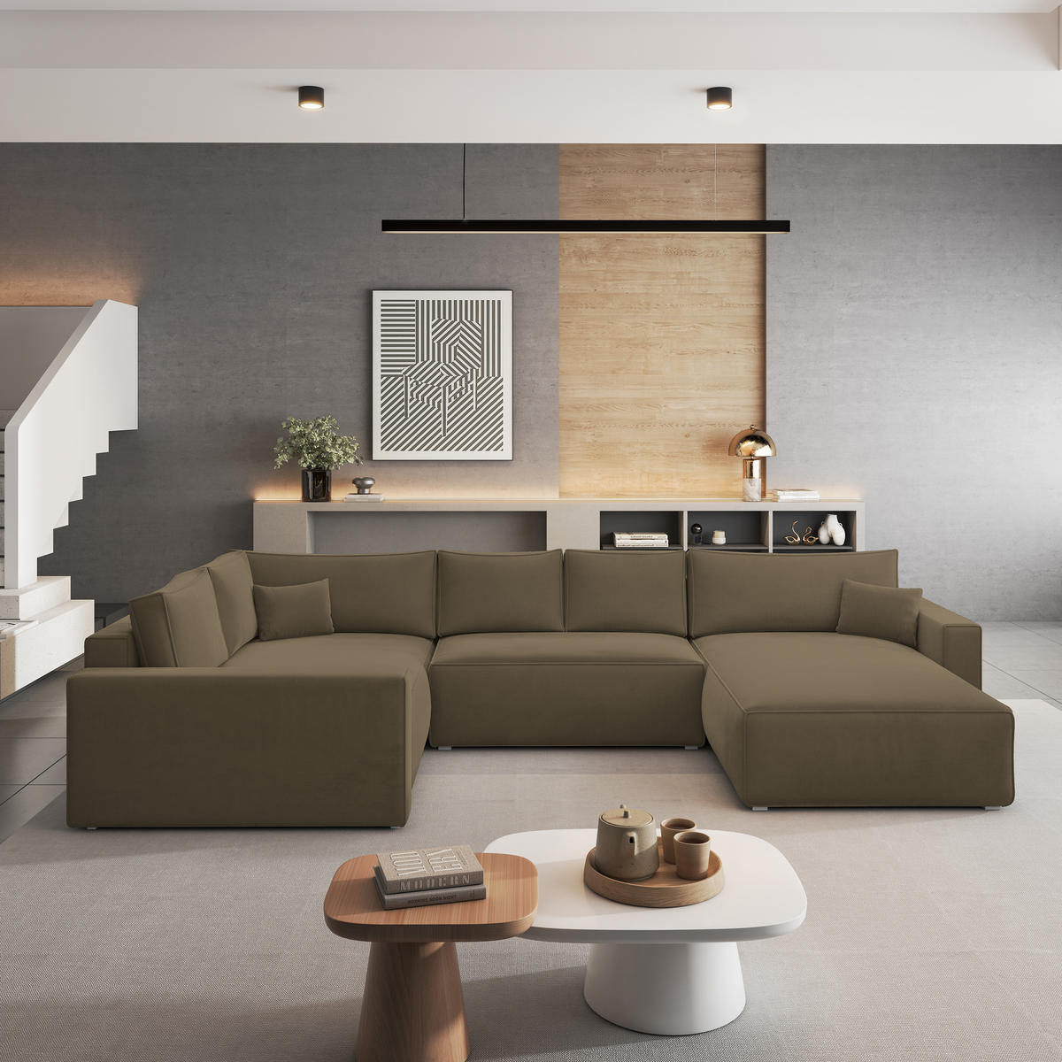 ROHOVÁ SEDAČKA VELAMI béžová - šedá/béžová, dřevo/textil (365/194cm) - MASSENO