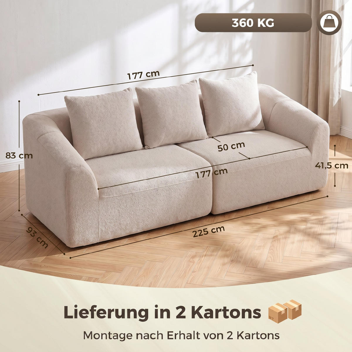 3-SITZER Sofa Chenille (100 % Polyester) Beige - Beige, Textil (93/83/225cm) - HOMCOM