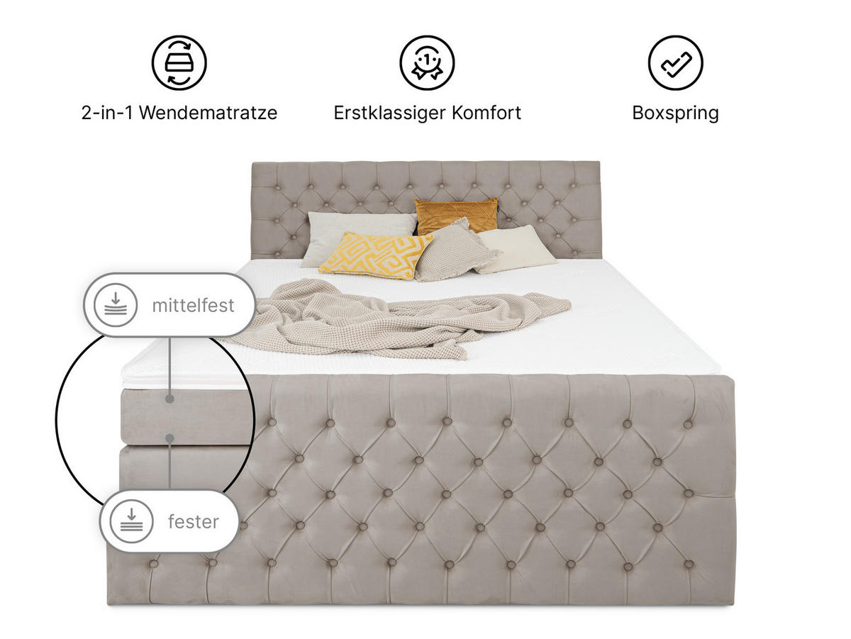 BOXSPRINGBETT Victoria Grau 160 /200 cm H2/H3 Samt - Grau, Textil (160/200cm) - wonello