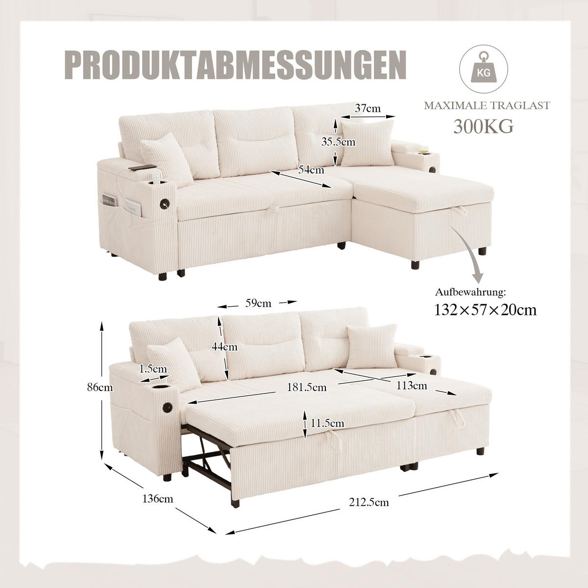 ECKSCHLAFSOFA 3-Sitzer Cord mit Stauraum USB-Anschluss und Becherhalter Beige 212,5/136/86 cm - Beige, Textil (136/212.5cm) - Redom