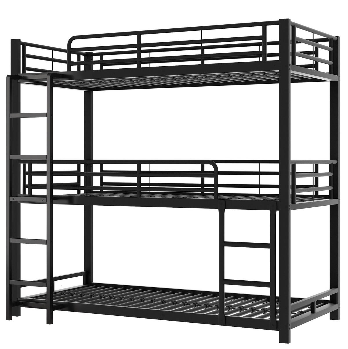 ETAGENBETT Dreifach 90/200 cm Schwarz Metallbett mit Geländern - Schwarz, Metall (90/200cm) - OKWISH