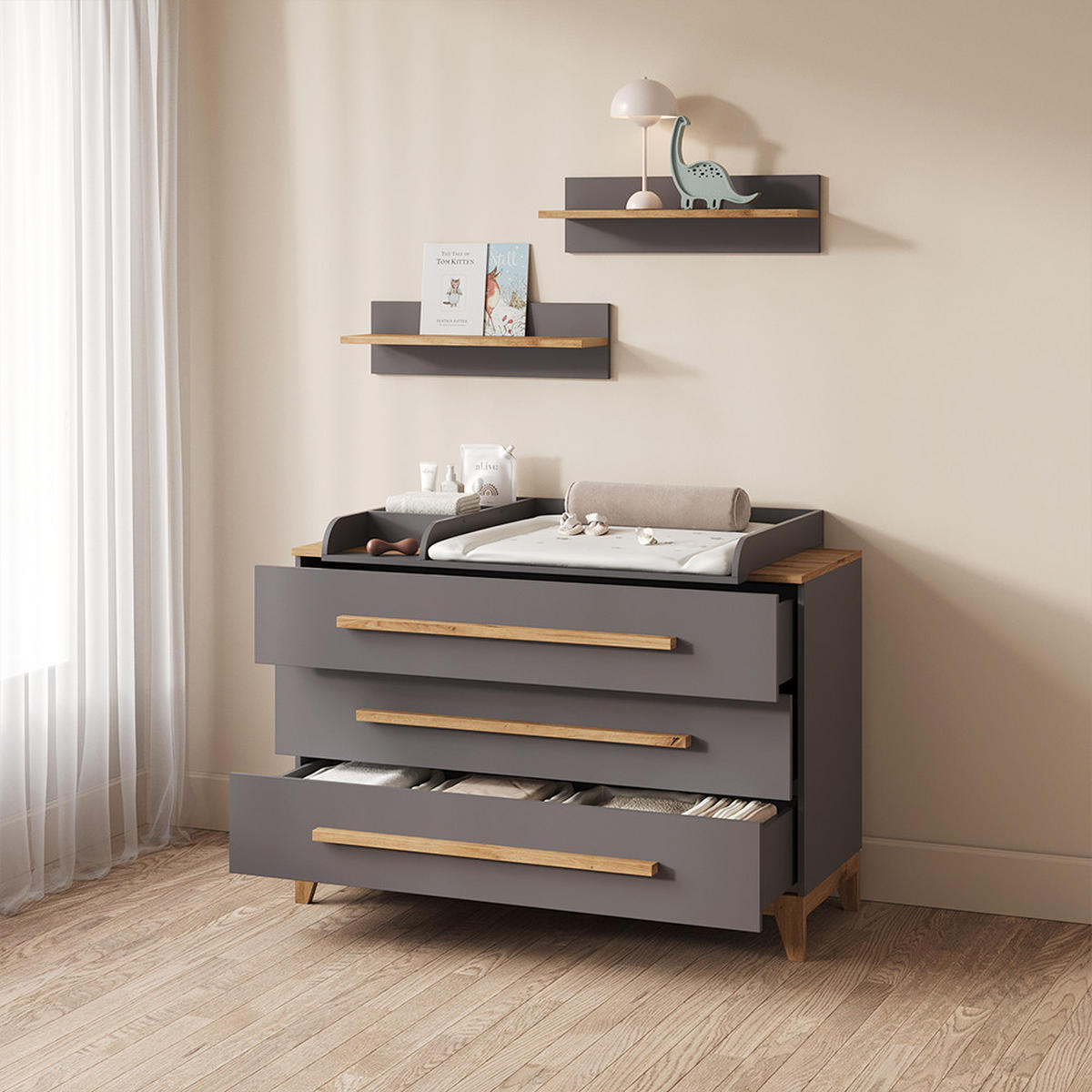 WICKELKOMMODE Mailo Grau/Artisan XL mit 3 Schubladen - Eiche Artisan/Grau, Holzwerkstoff (133/98/70cm) - Livinity®