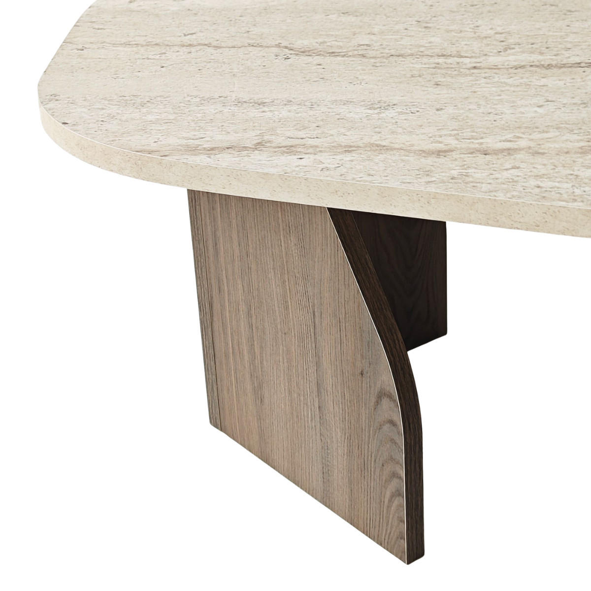 KONFERENČNÍ stolek s organicky tvarovanou deskou a širokými nohami, délka 100 cm - ROCK - barva dubu/světle hnědá, kompozitní dřevo (100/60/35cm) - Calicosy