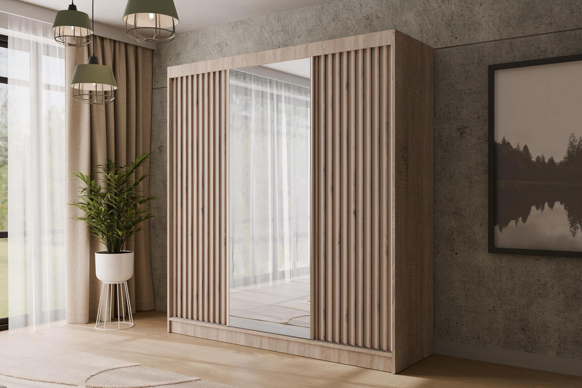 KLEIDERSCHRANK mit Spiegel V2-ZENTI 215x200 cm Sonoma Eiche|Weiß - Weiß/Sonoma Eiche, Holzwerkstoff (200/215/61cm) - ALTDECOR