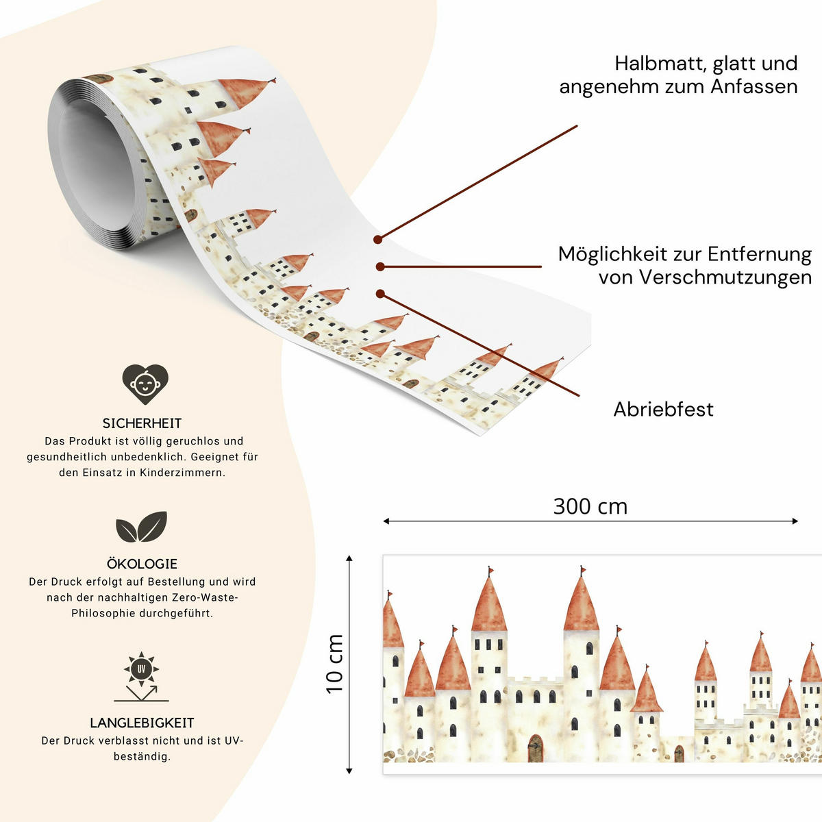 TAPETENBORDÜRE selbstklebend für Kinder Aquarelle SCHLOSS Märchen - Beige/Rot, Papier (10/300/300cm) - Muralo