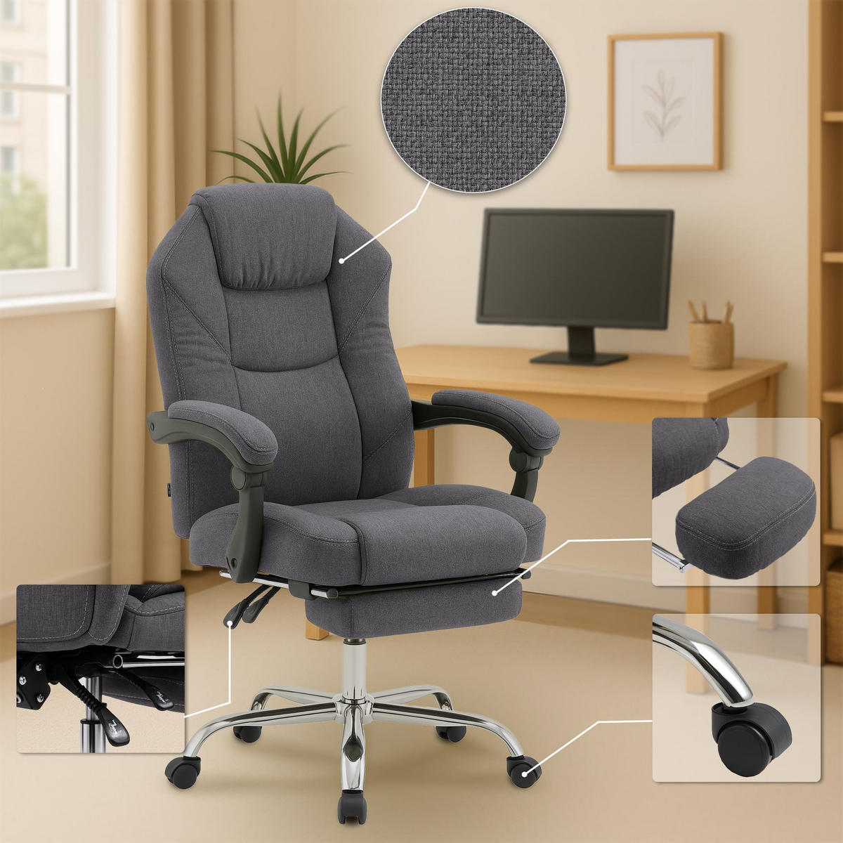 CHEFSESSEL Stoff Dunkelgrau - Chromfarben/Dunkelgrau, Textil/Metall (67/114/64cm) - CLP