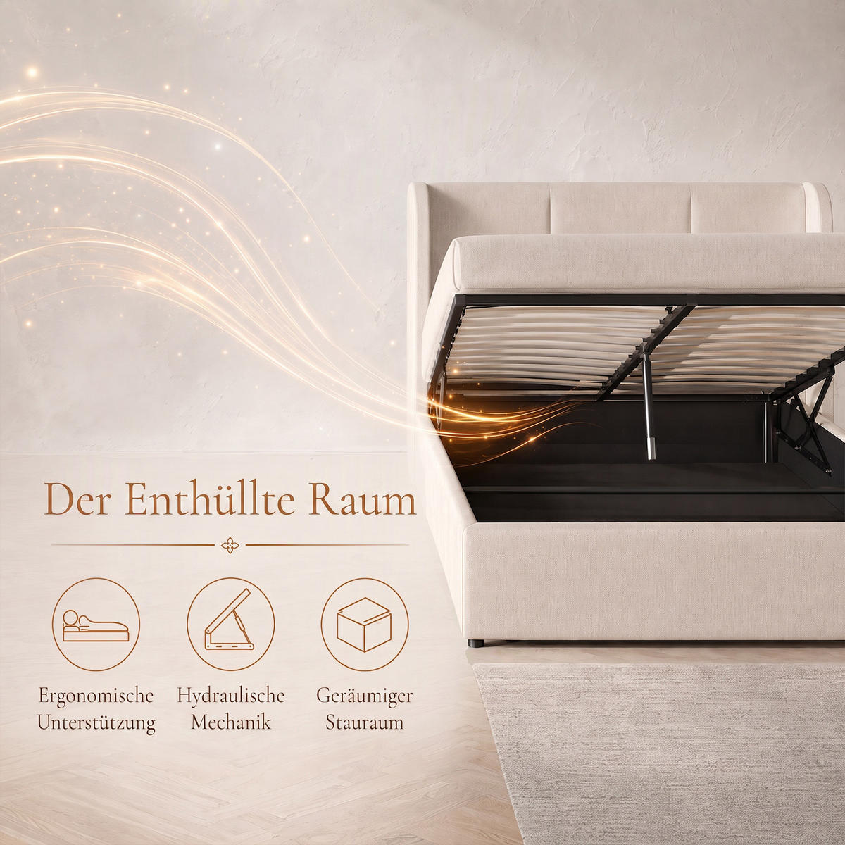 POLSTERBETT 160x200 cm mit Bettkasten und gepolstertem Kopfteil, Lattenrost mit Stauraum, Leinenbezug in Beige - Beige, Holz/Textil (160/200cm) - GENKI LIVING