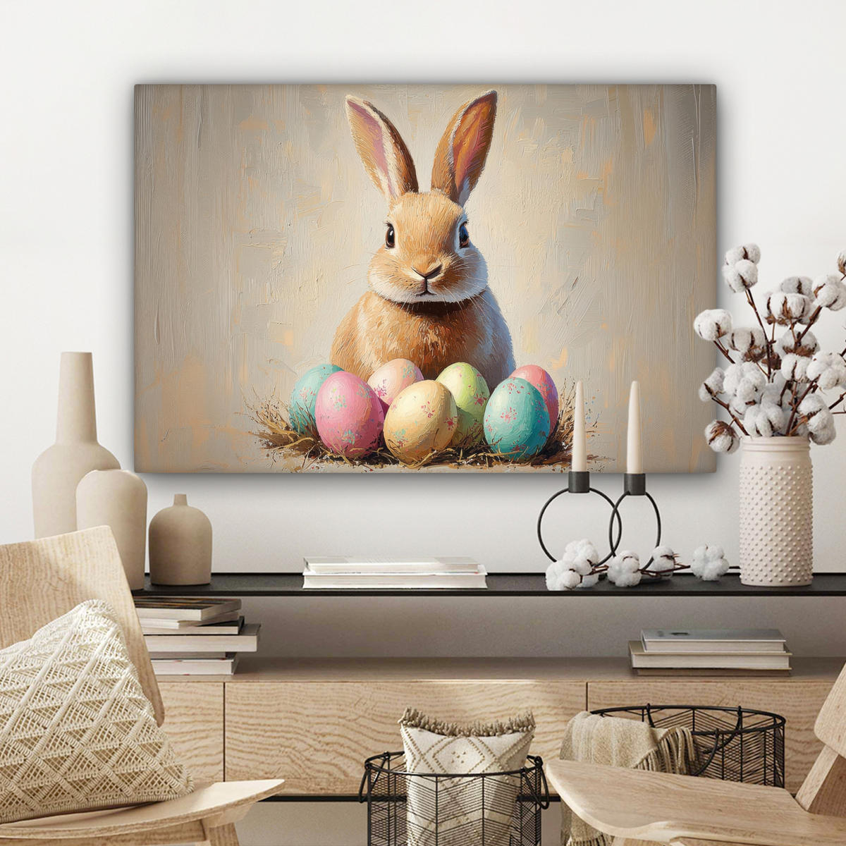 LEINWANDBILD Osterhase - Pastell - Eier Gemälde 60x40 cm - Beige, Textil (60/40cm) - MuchoWow