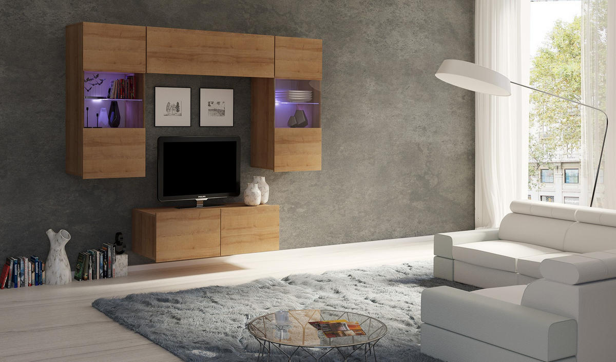 RTV-SCHRANK Bird Goldene Eiche, zweitüriger TV-tisch - Eichefarben/Silberfarben, Holzwerkstoff (100/37/43cm) - Bettso