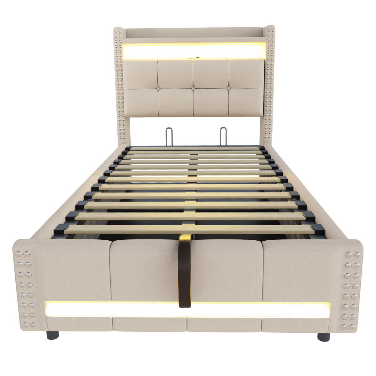 POLSTERBETT mit LED-Beleuchtung 90/200 cm mit Bettkasten und USB-Anschluss - Beige, Textil (90/200cm) - BEAOK