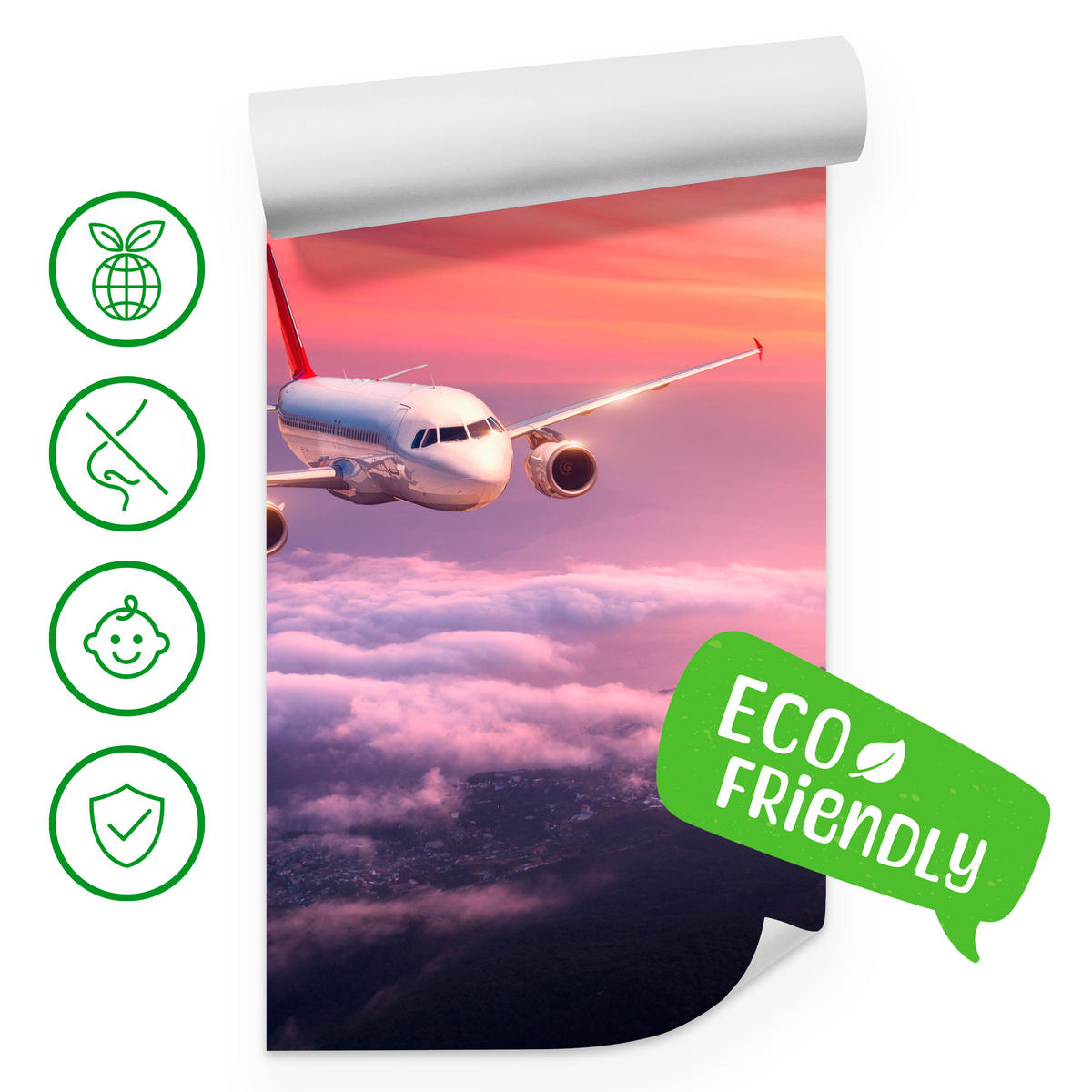 FOTOTAPETE für Wohnzimmer Flugzeug Sonnenuntergang Wolken Himmel 450x315 - Gelb/Rot, Papier (450/315cm) - Muralo