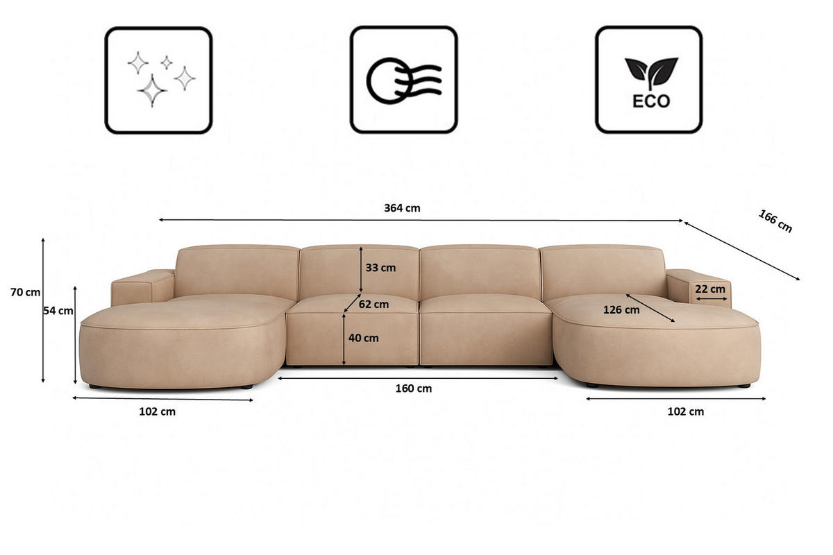 ECKSOFA Cursal Round U-Form, Stoff Salvador, Beige - Beige, Holz (364/166cm) - Kaiser Möbel