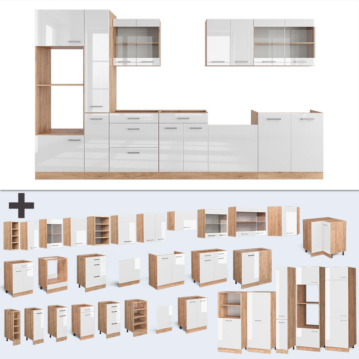 KÜCHENZEILE R-Line Weiß Hochglanz/Goldkraft Eiche 350 cm mit Hochschrank ohne AP - Weiß Hochglanz/Eiche Wotan, Holzwerkstoff (350/81.6/46cm) - Vicco