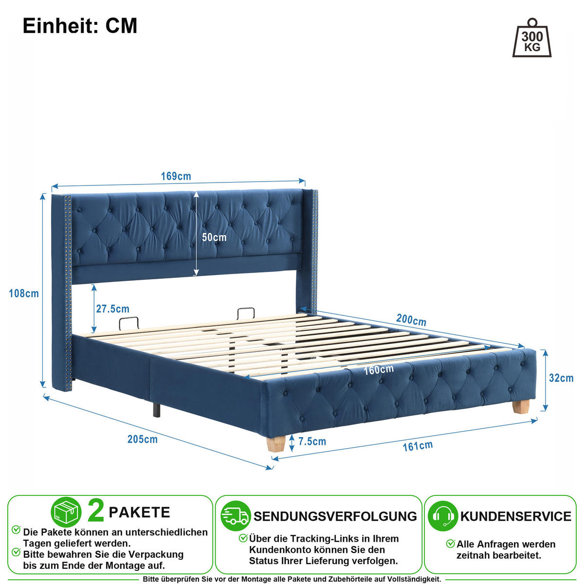 ČALOUNĚNÁ POSTEL 160/200 cm v modré barvě ze sametu s roštem - modrá, kov/kompozitní dřevo (160/200cm) - CHICFURN