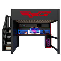 HOCHBETT aus MDF und Sperrholz 140x200 cm Schwarz/Rot mit Schreibtisch, Stauraumtreppe, LED und USB - Schwarz, Holzwerkstoff (140/200cm) - IVMEU
