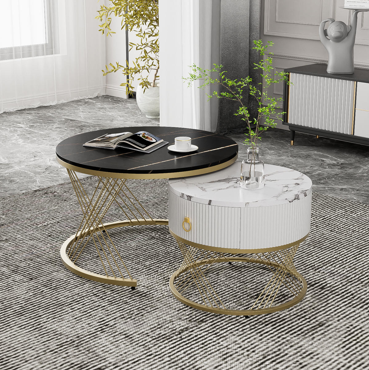 KOMMODE, 2-teiliges Couchtisch-Set aus MDF in Marmor-Optik mit Goldakzenten, 70/70/45 + 50/50/40 cm, Weiß und Gold und Schwarz - Schwarz, Holzwerkstoff (70/70/45cm) - Redom