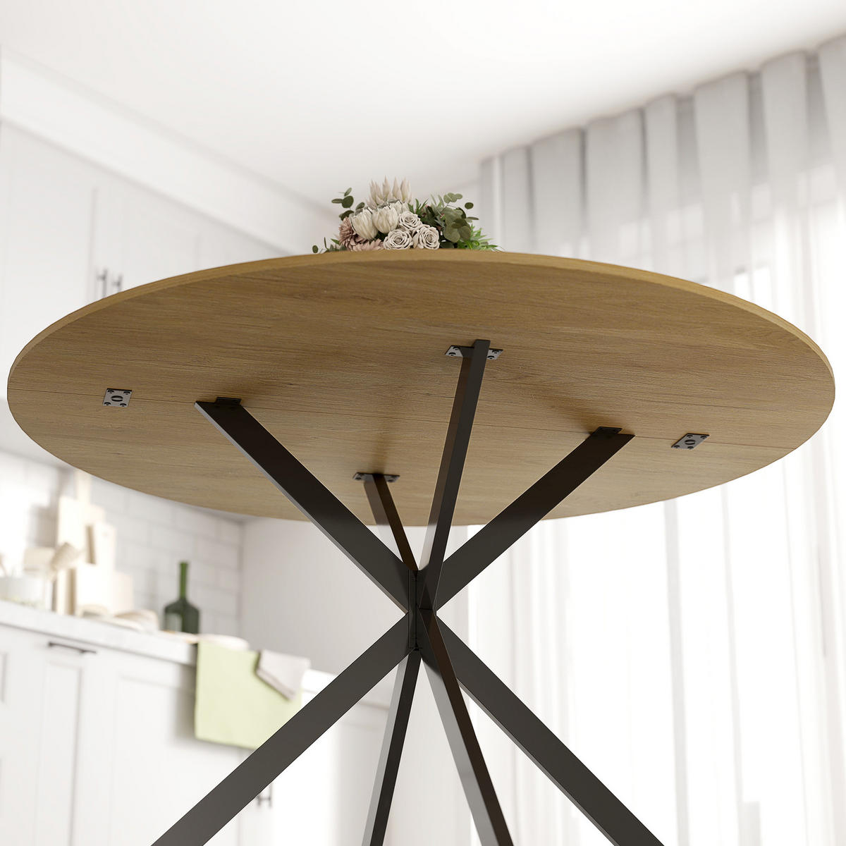 ESSTISCH DE-08437 Industriestil mit X-Stahlbeinen, Ø100 cm Eiche - Eichefarben, Holzwerkstoff (100/100/75cm) - ComfortXL