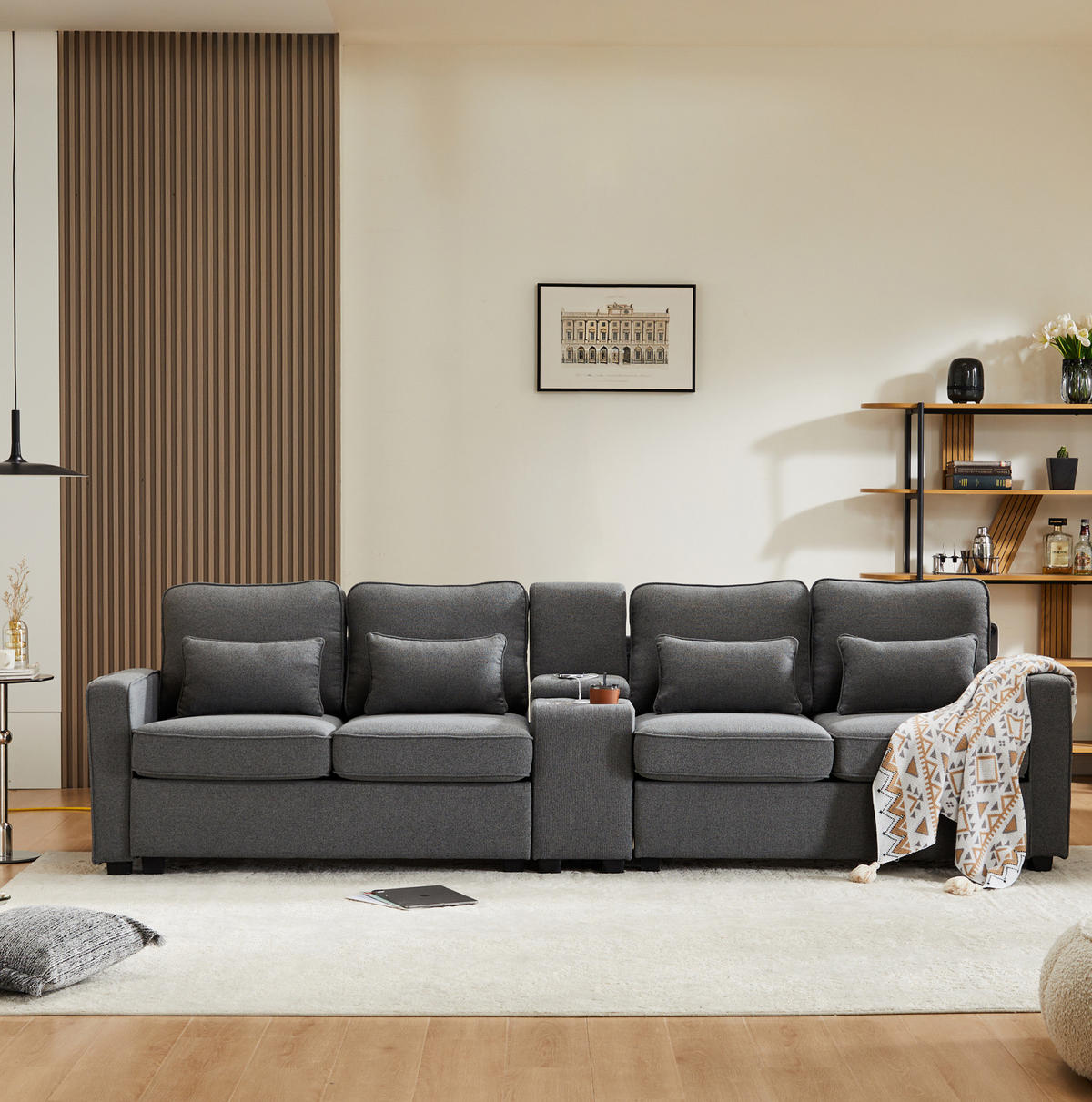 4-SITZER Sofa Leinenstoff mit Konsole USB-Anschluss und Getränkehaltern 290/83/88 cm Dunkelgrau - Dunkelgrau, Textil (88/290/83cm) - Redom