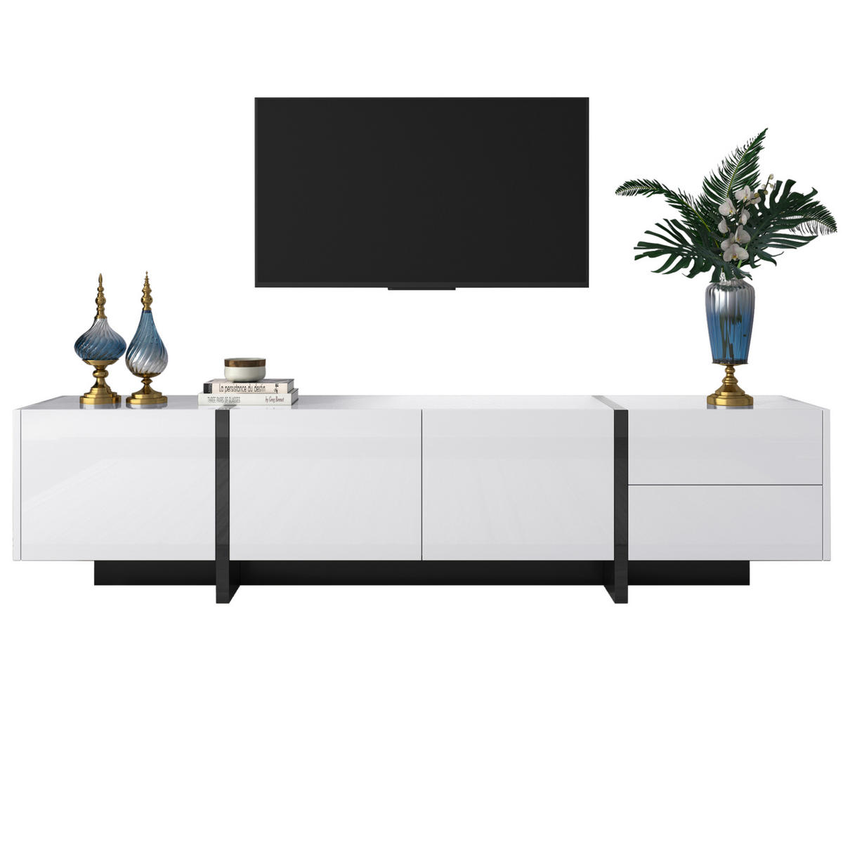 TV-SCHRANK in Weiß Hochglanz mit schwarzen Füßen, 3 Türen und 2 Schubladen 190/35/45 cm - Weiß, Holzwerkstoff (190/45/35cm) - Redom