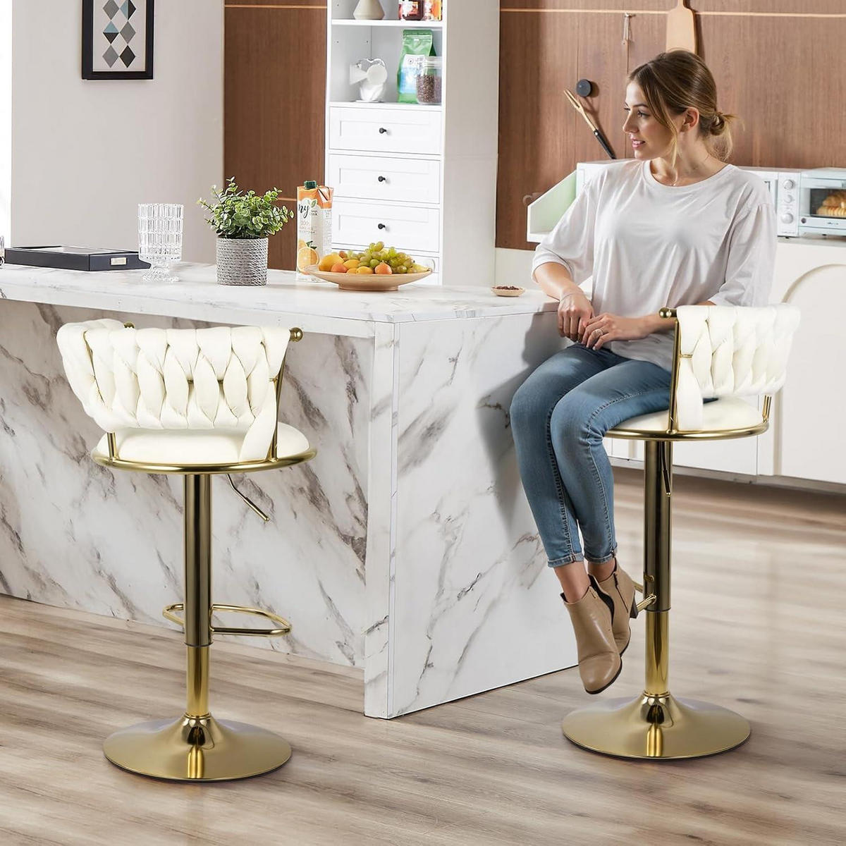 BARHOCKER 4er Set Höhenverstellbar mit Rückenlehne Gold/Beige - Goldfarben, Metall (46/100/46cm)