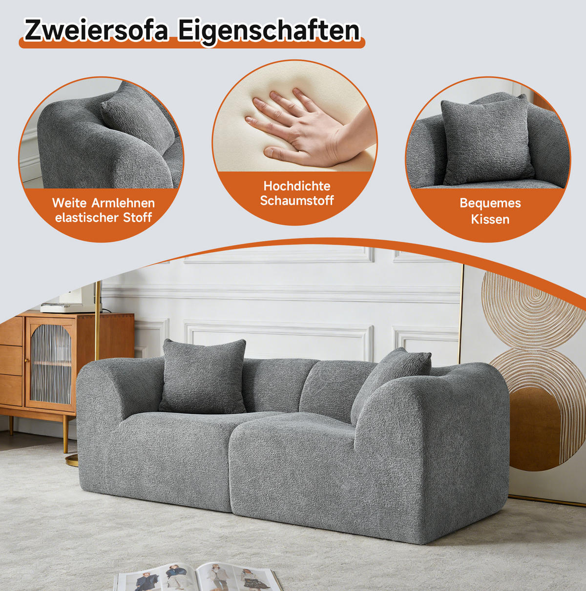 2-SITZER 193/87/67 cm grau aus Samt platzsparend mit 2 Kissen - Grau, Textil (87/67/193cm) - OKWISH