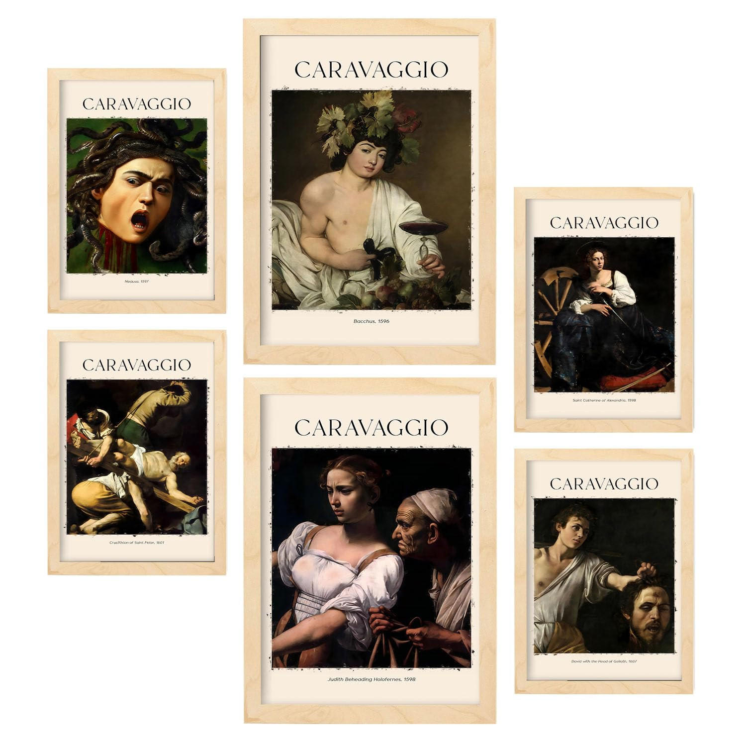 POSTER Set Mit 6 Caravaggio Sammlung A3 & A4 Rahmen Aus Hellem Holz - Beige, Papier (29/3cm) - Nacnic