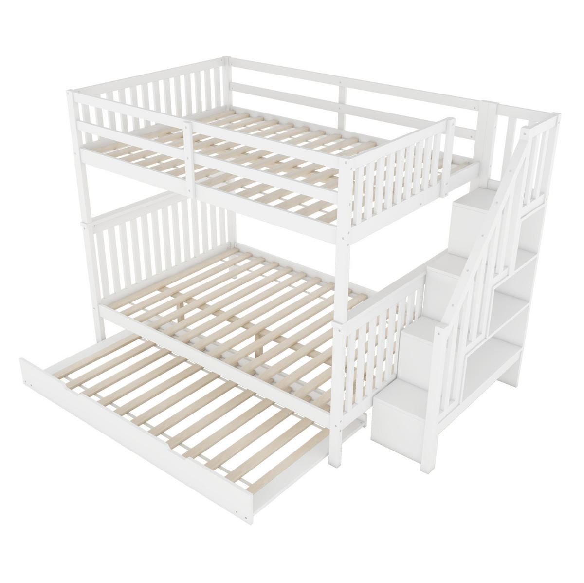 ETAGENBETT 140/200 cm aus Kiefern mit Treppenregal, ausziehbarem Rollbett und hohem Geländer, Weiß - Weiß, Holzwerkstoff (140/200cm) - Redom
