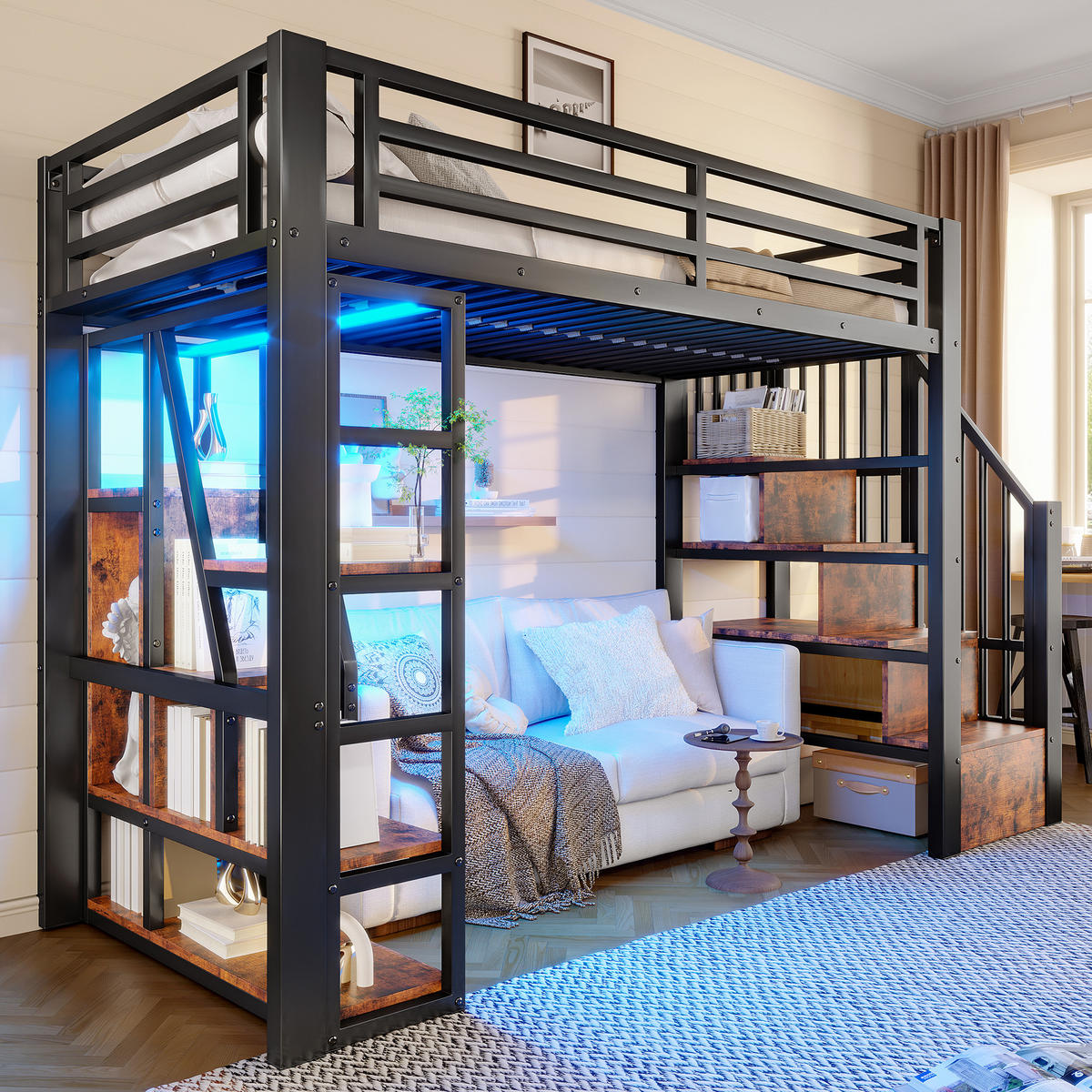 HOCHBETT 90x200cm Schwarz Metall LED-Licht offener Stauraum - Schwarz, Holz (90/200cm) - FLIEKS