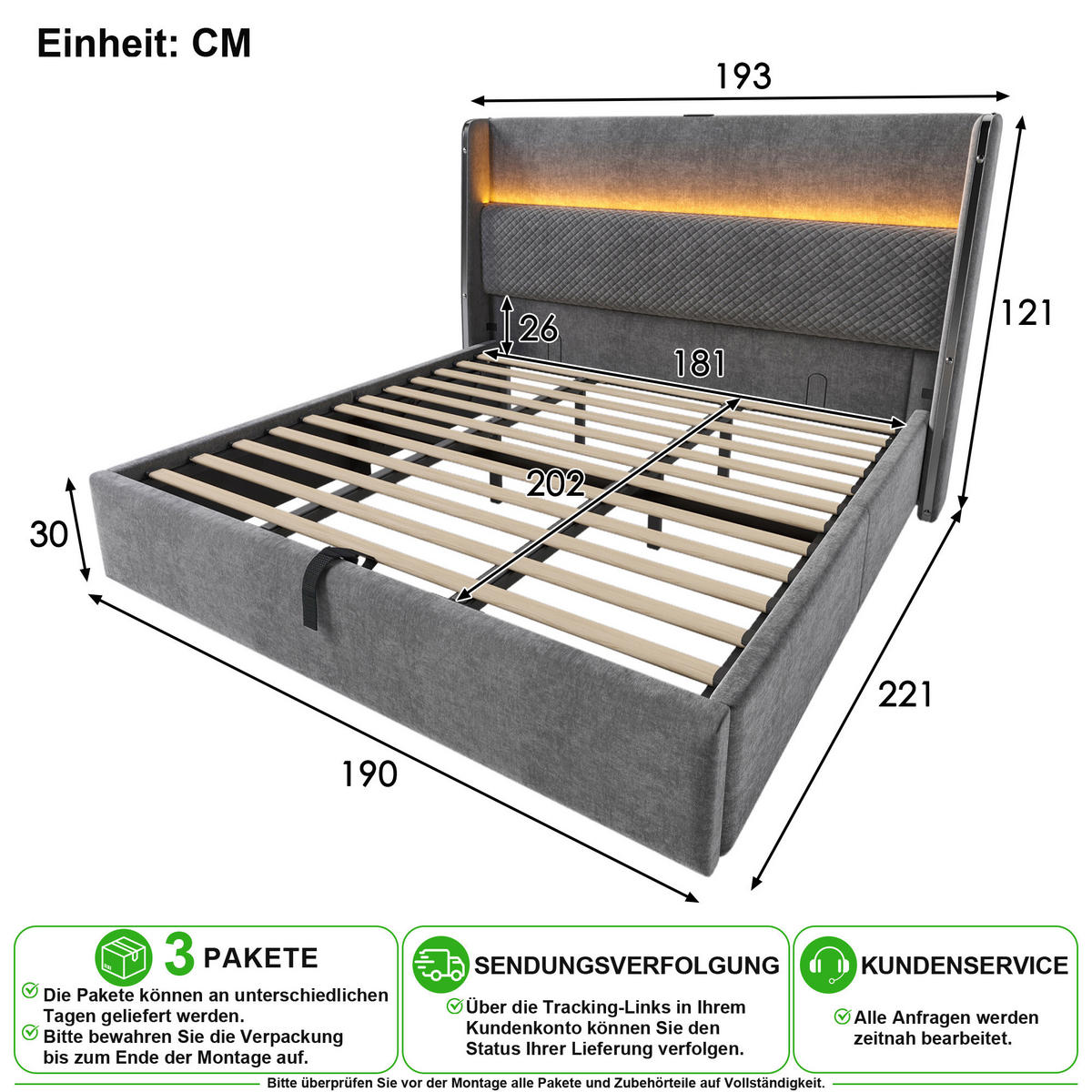 POLSTERBETT 180/200 cm in Grau mit Bettkasten, LED und USB - Grau, Holzwerkstoff/Textil (180/200cm) - CHICFURN