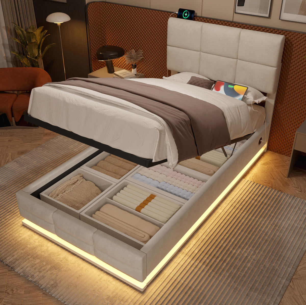BETT mit Stauraum 90x200 cm Samt Beige - Beige, Metall (90/200cm) - Meubliv