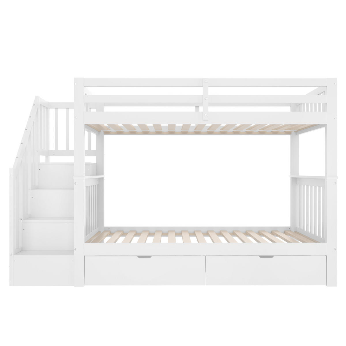 ETAGENBETT 90/200 cm mit Treppenregal, 2 Schubladen und hohem Geländer aus Kiefernholz und MDF, Weiß - Weiß, Holz (90/200cm) - Redom