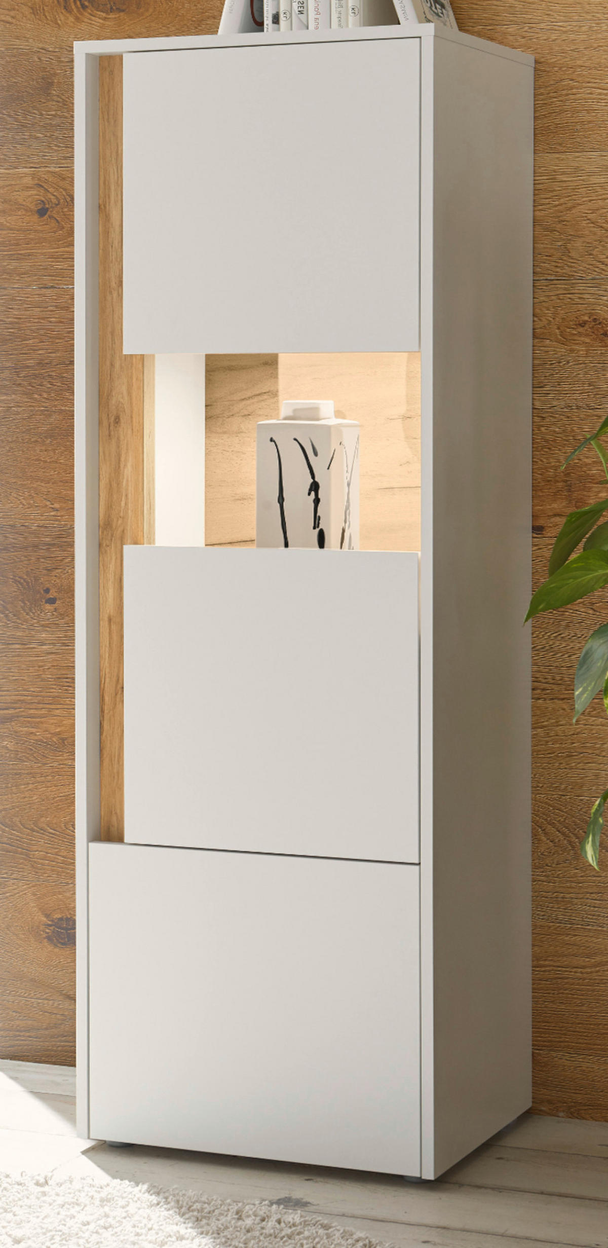 VITRINE weiß, Eiche Wotan 50 x 155 cm, Vitrinenschrank mit 4 Fächern - Eiche Wotan/Schwarz, Glas/Holzwerkstoff (50/155/40cm) - Furn.Design