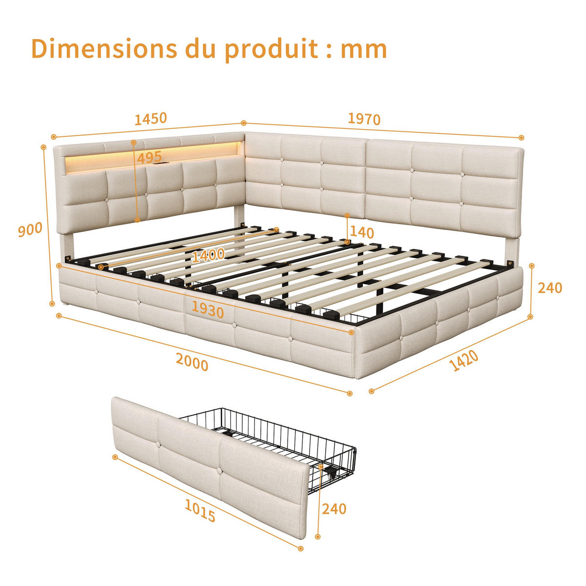 POLSTERBETT 140x190 cm mit 2 Schubladen und LED - Gepolstertes Schlafsofa aus Leinen mit USB und Lattenrost - Für Jugendliche und Erwachsene - Beige - Beige, Holzwerkstoff (140/190cm) - Brevoria