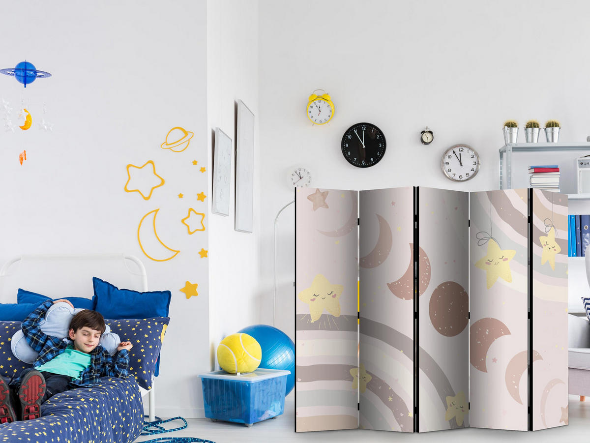 PARAVENT Einseitig Bedruckter 5-tlg 225x172 cm Sterne Mond Kinder - Multicolor, Holz/Textil (225/172/3cm) - Muralo
