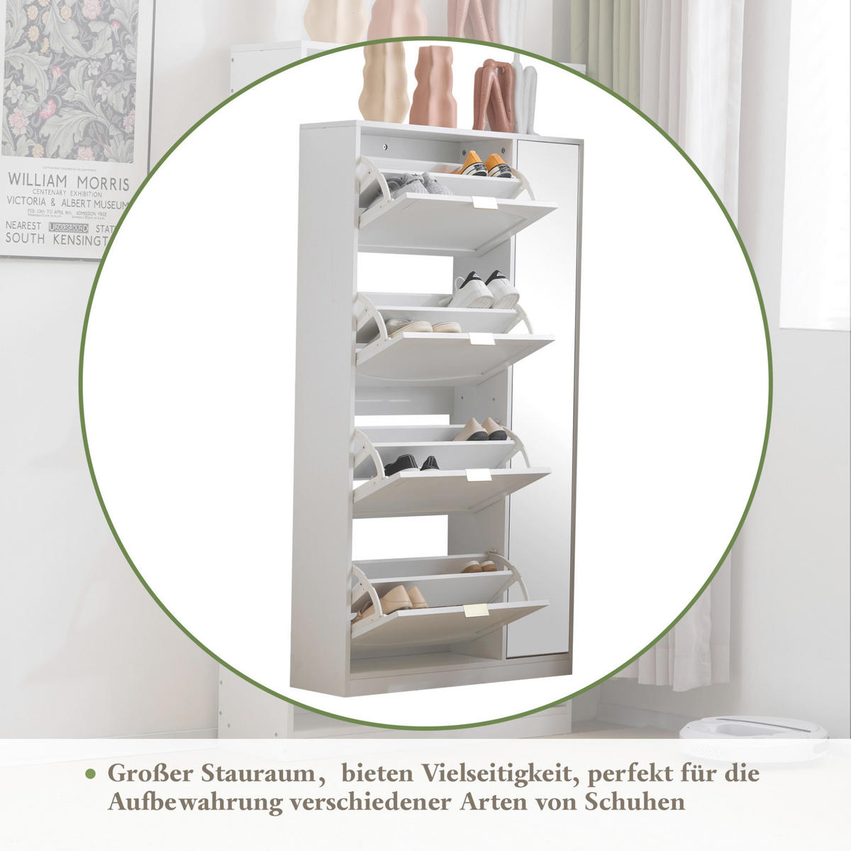 SCHUHSCHRANK 80/24/147 cm in Weiß mit Spiegel und 4 Klappen - Weiß, Holzwerkstoff (80/147/24cm) - Flora Grace