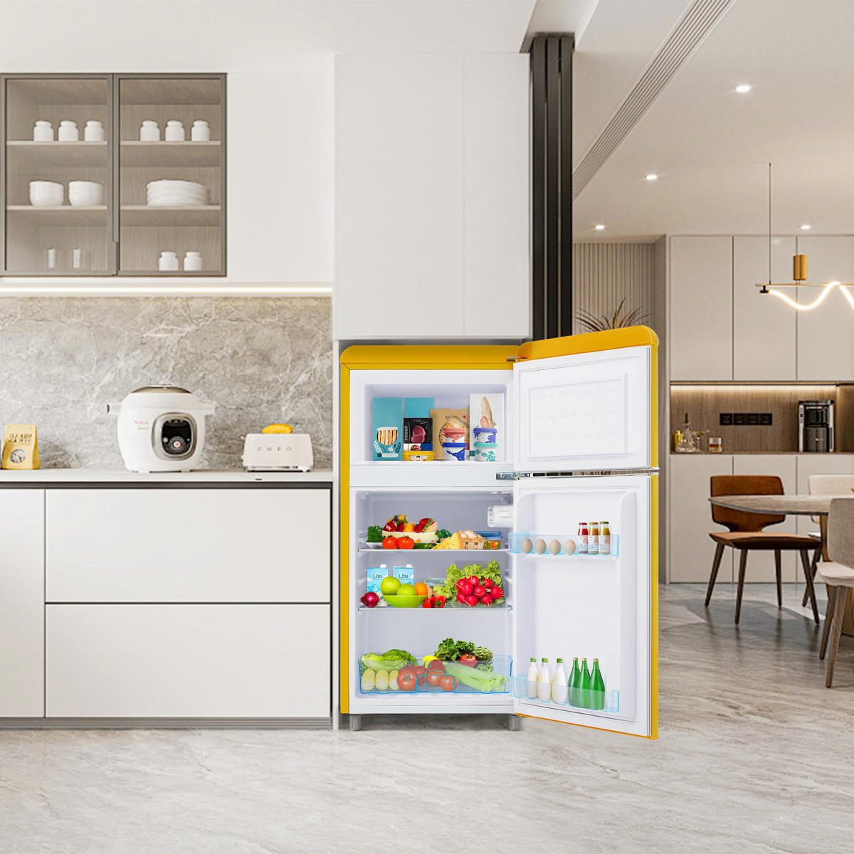 RETRO KÜHLSCHRANK 72L Doppeltür 21L Gefrier LED E Klasse - Gelb, Kunststoff (45/91/46cm) - FLIEKS