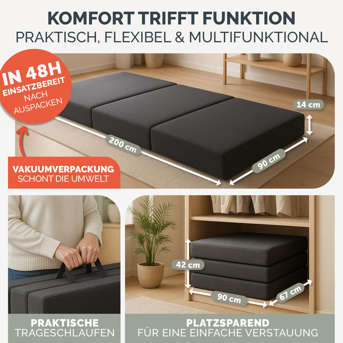 KLAPPMATRATZE 90x200 cm - 3teilig in Anthrazit - Anthrazit, Textil - Blumtal