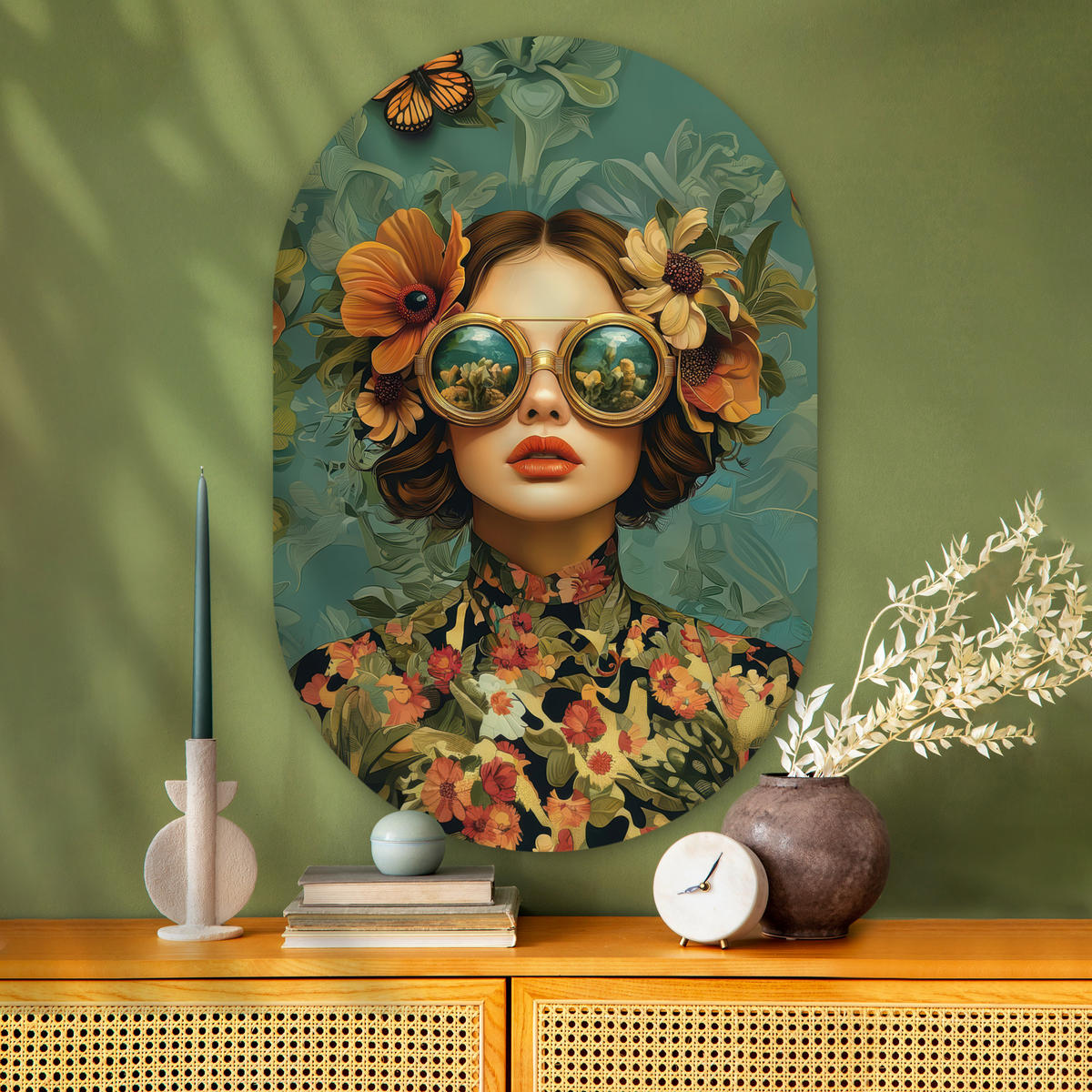 WANDBILD Frau - Blumen - Schmetterlinge - Natur - Vintage 80x120 cm - Petrol, Kunststoff (80/120cm) - MuchoWow